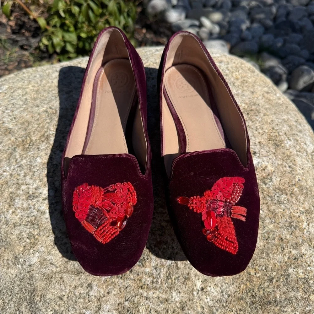 Tory Burch Women's Red Velvet Flats Size 8 Peace Bird Heart Sequins Casual